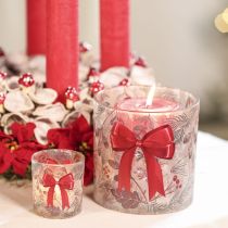 Article Photophore en verre avec ruban rouge et branches d'hiver, 15 cm