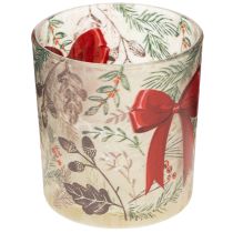 Article Photophore en verre avec motifs de branches de Noël et ruban rouge 8 cm, lot de 2
