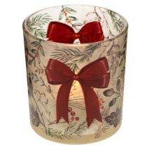 Article Photophore en verre avec motifs de branches de Noël et ruban rouge 8 cm, lot de 2