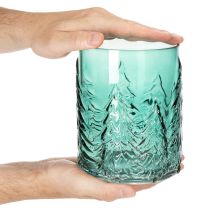 Article Photophore en verre turquoise avec motif de sapins en relief 16 cm