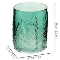Article Photophore en verre turquoise avec motif de sapins en relief 16 cm