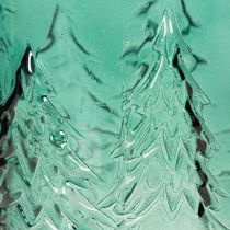 Article Photophore en verre turquoise avec motif de sapins en relief 16 cm