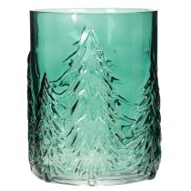 Article Photophore en verre turquoise avec motif de sapins en relief 16 cm