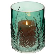 Article Photophore en verre turquoise avec motif de sapins en relief 16 cm