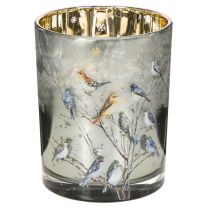 Article Photophore en verre avec oiseaux, design hivernal, 12 cm