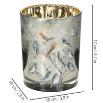 Article Photophore en verre avec oiseaux, design hivernal, 12 cm