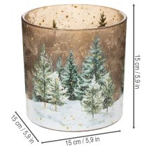 Article Photophore en verre motif forêt de sapins enneigée 15 cm pour intérieur