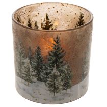 Article Photophore en verre motif forêt de sapins enneigée 15 cm pour intérieur