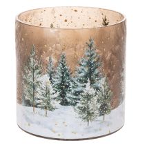 Article Photophore en verre décor forêt d'hiver motif neige 20 cm