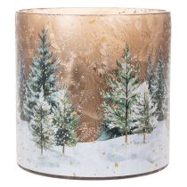 Article Photophore en verre décor forêt d'hiver motif neige 20 cm