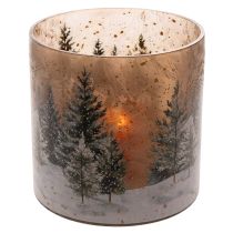 Article Photophore en verre décor forêt d'hiver motif neige 20 cm