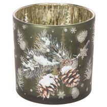 Article Photophore en verre motif pommes de pin et flocons de neige 15 cm