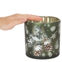 Article Photophore en verre motif pommes de pin et flocons de neige 15 cm
