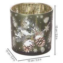 Article Photophore en verre motif pommes de pin et flocons de neige 15 cm