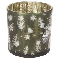 Article Photophore en verre motif pommes de pin et flocons de neige 15 cm