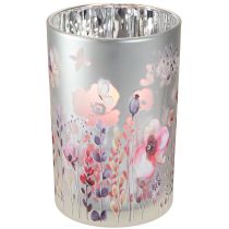 Article Lanterne en verre coquelicot papillon couleur argent H18cm