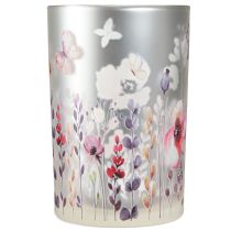 Article Lanterne en verre coquelicot papillon couleur argent H18cm