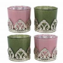 Lanterne verre métal décor lilas vert Ø5.5cm H5.5cm 4pcs