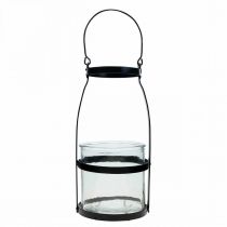 Lanterne en verre avec anse bougeoir noir H25cm