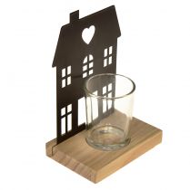Article Lanterne maison métal noir avec socle en bois H15cm 2pcs
