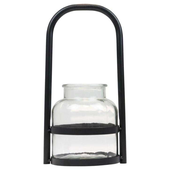 Lanterne métal décor verre noir manche transparent Ø14,5cm