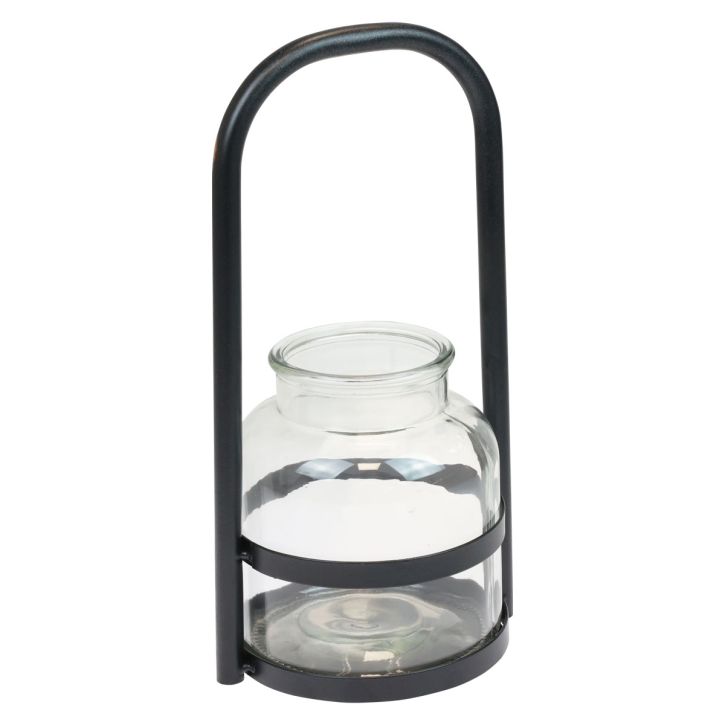 Article Lanterne métal décor verre noir manche transparent Ø14,5cm