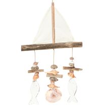 Article Carillon à vent voilier décoration poisson bois blanc naturel H56cm