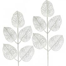 Décoration d&#39;hiver, feuilles déco, branche artificielle paillettes blanches L36cm 10p