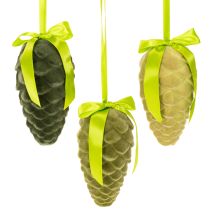 Article Lot de 3 pommes de pin décoratives en plastique floqué avec ruban et nœud, longueur 18 cm, tons verts