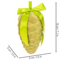 Article Lot de 3 pommes de pin décoratives en plastique floqué avec ruban et nœud, longueur 18 cm, tons verts