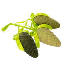 Article Lot de 3 pommes de pin décoratives en plastique floqué avec ruban et nœud, longueur 18 cm, tons verts