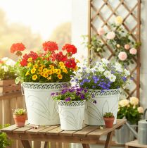 Article Pot de fleurs en métal gaufré avec poignées, blanc et vert, style shabby chic, H 22/19,5/17,5 cm, Ø 25,5/20,5/15,5 cm, lot de 3