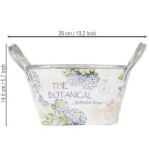 Article Coupe en métal avec anses et motif hortensias bleus – 26×13×14,5 cm