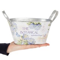 Article Coupe en métal avec anses et motif hortensias bleus – 26×13×14,5 cm