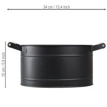 Article Cache-pot ovale en métal noir avec poignées bois, 34x19,5x15 cm