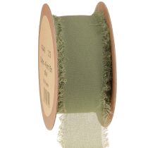 Article Ruban en mousseline de soie vert olive à franges, largeur 40 mm, longueur 15 m