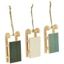 Article Décoration 6 petits traîneaux en bois à suspendre, menthe et blanc, 9,5 cm