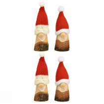 Article Nain de Noël décoratif en bois avec chapeau rouge naturel 10/12cm 4pcs