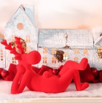 Article Duo de figurines rennes allongés rouges 24 cm en plastique floqué