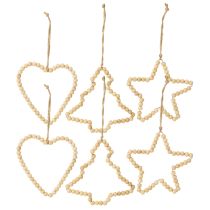 Article Décorations de Noël : perles en bois, cœur, étoile, sapin, 13 cm de haut, lot de 6