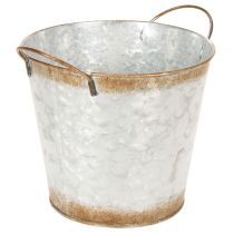 Article Pot décoratif avec anses, seau de plantation, récipient en métal, argenté, acier patiné, Ø 17 cm H 16,5 cm