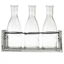 Article Ensemble de bouteilles rustiques dans un support en bois - 3 bouteilles en verre, gris-blanc, 24x8x20 cm - Polyvalent pour la décoration