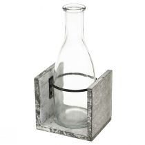 Article Vase en verre sur support en bois gris, 9,5x8x20cm - Décoration rustique avec 4 bouteilles