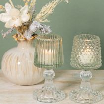 Article Lot de 2 photophores en verre avec pied, motifs points et rainures, 15 cm