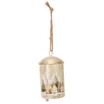 Article Cloche décorative en métal blanc et or avec motif village d'hiver, 20 cm