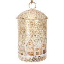 Article Cloche décorative en métal blanc et or avec motif village d'hiver, 20 cm