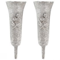 Article Vase à piquer gris motif roses en résine, 26 cm, lot de 2