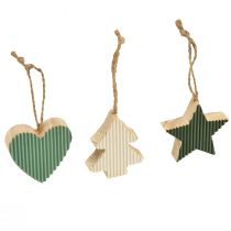 Article Set de pendentifs en bois sapin de Noël, coeur-arbre-étoile, vert menthe-blanc, 4,5 cm, 9 pièces - Décoration de Noël