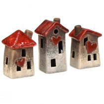 Article Maisons romantiques en céramique avec motif cœur - tons rouges et naturels, 11 cm - décoration d&#39;hiver conçue avec amour - 3 pcs