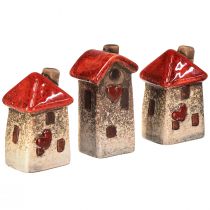 Article Maison en céramique avec fenêtre de toit rouge et cœur - 6 cm - Décoration idyllique pour la maison et le jardin - 6 pcs
